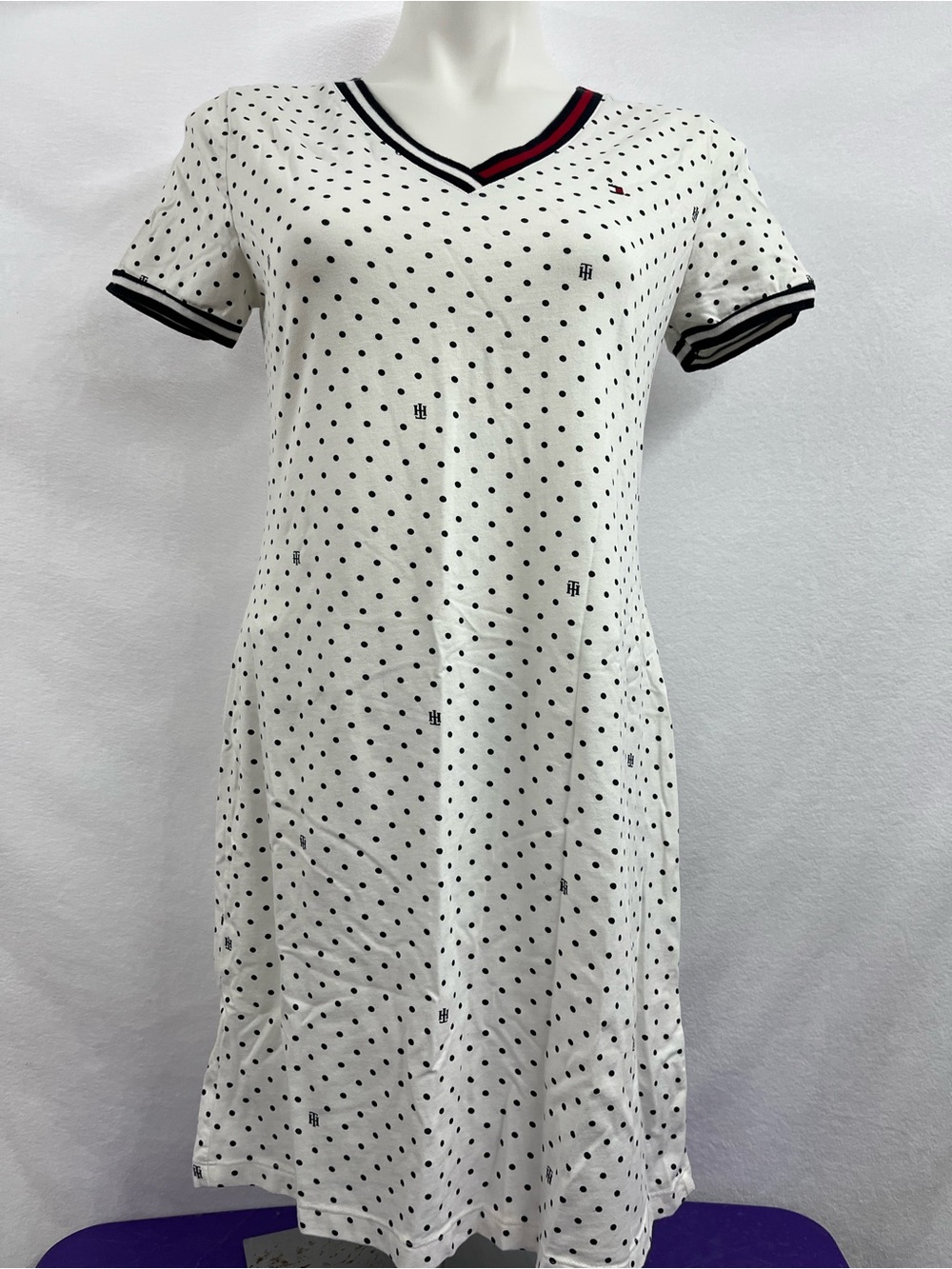Tommy Hilfiger White Polka Dot V‑Neck Midi Dress with Black & Red Trim